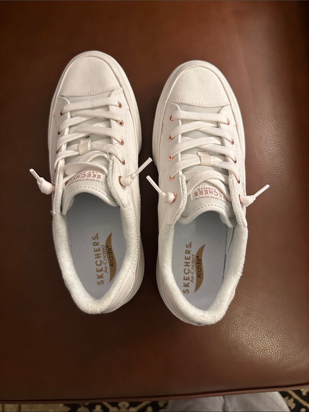 Skechers Women’s Air-Cooled Arch Fit, White Sneakers with Rose Gold Eyelets